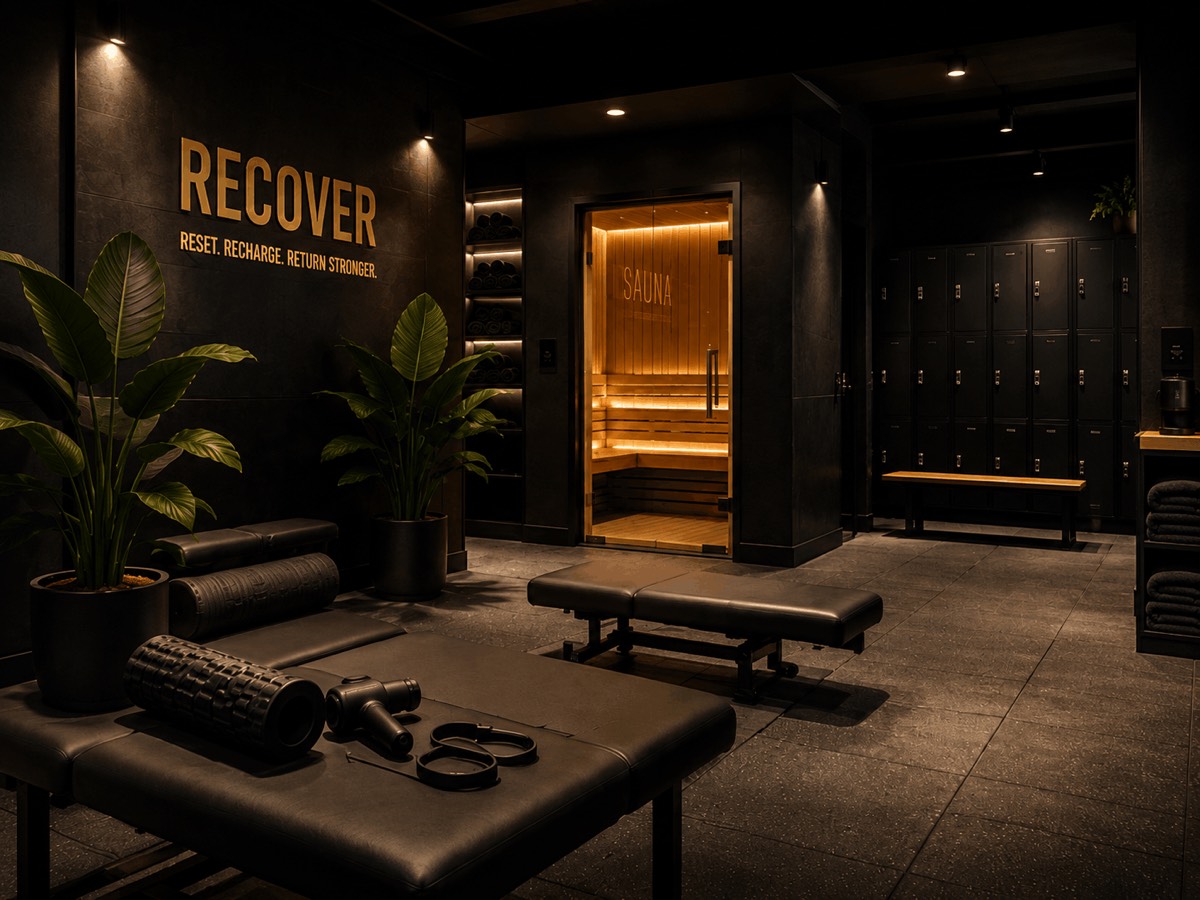 The recovery floor at Urban Fitness Atlantis, with sauna, massage tables and lockers